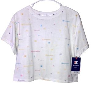 Champion Women’s Cropped Tee White With Scattered Multicolor Logos